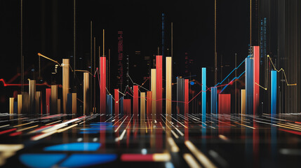 Abstract black background with Colorful charts and graphs with statistics to innovative analyze business potential and forecast future development of companies growth.