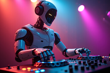 A robot DJ mixes tracks at a lively nightclub filled with flashing lights creating an energetic atmosphere
