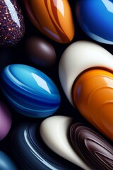 Colorful abstract collection of glossy ceramic-like stones on dark background.