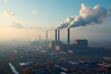 An expansive industrial zone showcases factories emitting clean steam, symbolizing innovation and growth in a tranquil setting with a hazy skyline