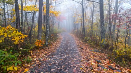 Obraz premium A foggy autumn morning in the forest with sunlight