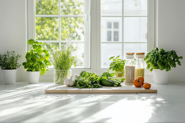Bright Kitchen Interiors with Fresh Herbs, Vegetables, and Natural Sunlight