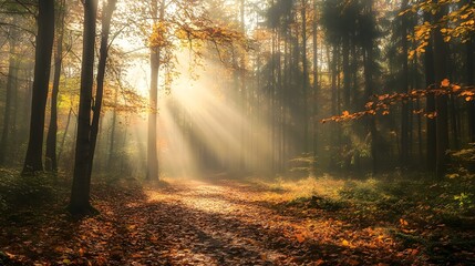 Obraz premium A foggy autumn morning in the forest with sunlight