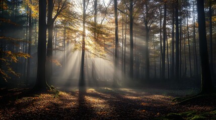 Obraz premium A foggy autumn morning in the forest with sunlight