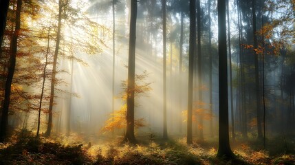 Obraz premium A foggy autumn morning in the forest with sunlight