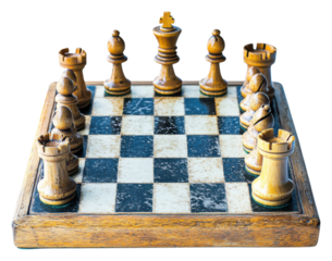 PNG A wooden chess set arranged on a checkered board with pieces poised for a game.