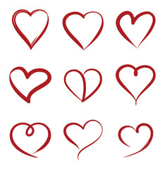 Hand drawn vector red heart shape icon set. Different type  of heart for valentines day. valentine red heart with out line.