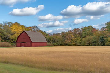 Fototapeta premium Rustic Red Barns Surrounded by Golden Wheat Fields and Scenic Countryside