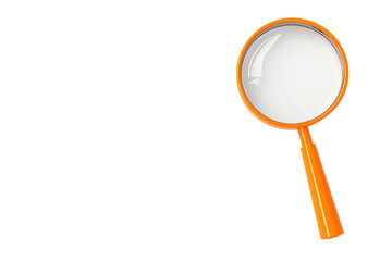 A bright orange magnifying glass with a circular lens, showcasing its reflective surface.