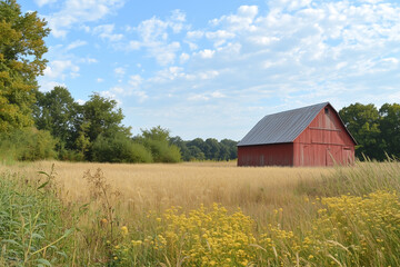 Rustic Red Barns Surrounded by Golden Wheat Fields and Scenic Countryside