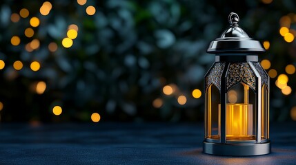 Decorative Arabic lamp with sparkling golden bokeh lights on a dark background ideal for Ramadan Kareem celebrations