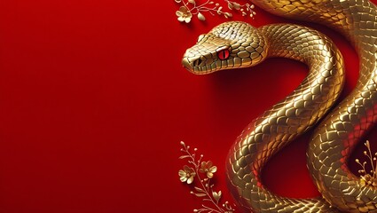 Fototapeta premium Luxury Red and Gold Chinese New Year 2025 Background – Creative Snake Zodiac Design with Lanterns and Floral Motifs, Chinese New Year copy space background, 2025 Lunar New Year Celebration