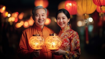 Lantern Festival Romance: A charming elderly couple, dressed in traditional festive attire, smiles radiantly while holding illuminated lanterns against a backdrop of countless glowing lanterns.