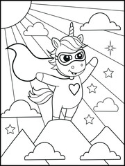 Superhero Unicorn Coloring Page for Kids. A Fun and Printable Black and White Activity Sheet for Kindergarten.
