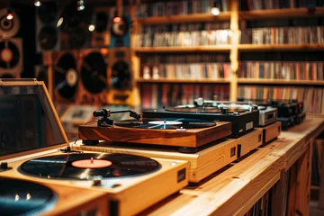 Person look vinyl records in retro music store, surrounded by various music genres classic CDs tapes vintage musical instruments, Generative AI