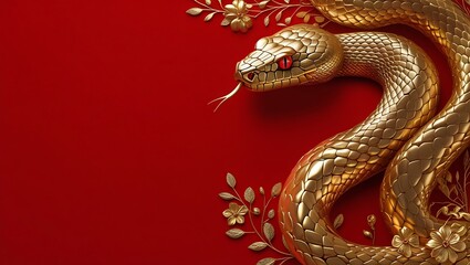 Obraz premium Luxury Red and Gold Chinese New Year 2025 Background – Creative Snake Zodiac Design with Lanterns and Floral Motifs, Chinese New Year copy space background, 2025 Lunar New Year Celebration