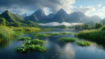 Fototapeta premium Calm mountain lake sunrise, misty peaks, idyllic nature, travel poster