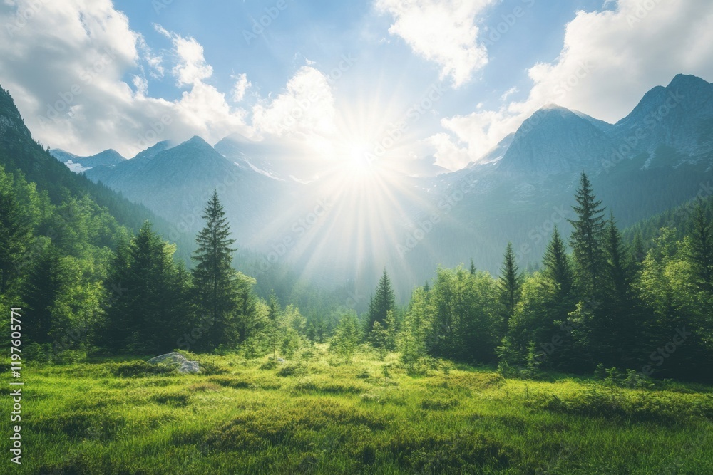 Fototapete sunlight streaming through clouds over a serene mountain landscape with greenery in the foreground. 