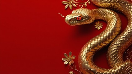 Obraz premium Luxury Red and Gold Chinese New Year 2025 Background – Creative Snake Zodiac Design with Lanterns and Floral Motifs, Chinese New Year copy space background, 2025 Lunar New Year Celebration