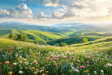 Fototapeta premium Flowering meadow, rolling green hills, sunny sky.