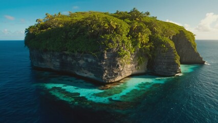 Dramatic Cliffs of Hidden Atoll Over Turquoise Water and Vines