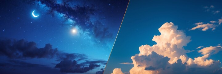 Fototapeta premium Day and Night, Light Versus Dark, VS, Moon and Sun with Clouds and Stars in the sky background banner