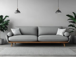 Modern Minimalist Living Room with Grey Sofa and Indoor Plants