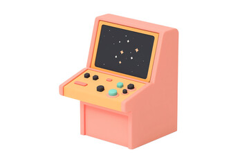 Obraz premium A small, pastel-colored arcade game cabinet featuring buttons and a screen displaying stars.