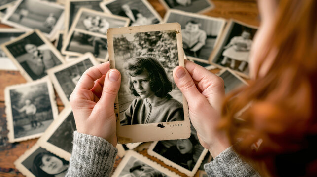 Woman holding vintage photographs nostalgic memories ideal for storytelling heritage preservation or sentimental visuals