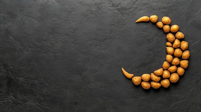 Fried Ramadan sweets like Lokma and Awameh arranged in a crescent moon shape A festive Iftar food concept Topdown view with copy space