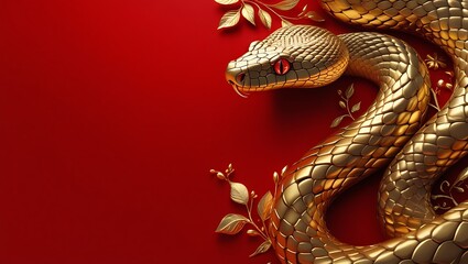 Obraz premium Luxury Red and Gold Chinese New Year 2025 Background – Creative Snake Zodiac Design with Lanterns and Floral Motifs, Chinese New Year copy space background, 2025 Lunar New Year Celebration