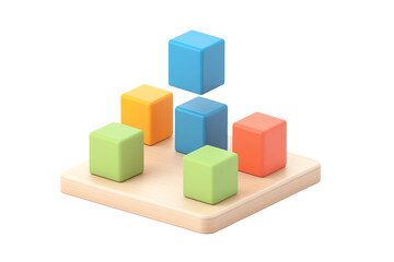 Obraz premium A colorful set of blocks arranged on a wooden base, with one block hovering above the others, showcasing vibrant colors and geometric shapes.