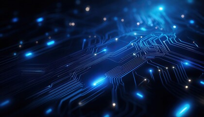 A glowing blue circuit board pattern radiates a futuristic tech vibe, showcasing intricate lines and luminous elements on a dark background.