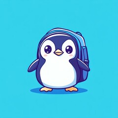 Obraz premium Penguin with backpack on a plain backdrop for kids' book illustration or educational print material