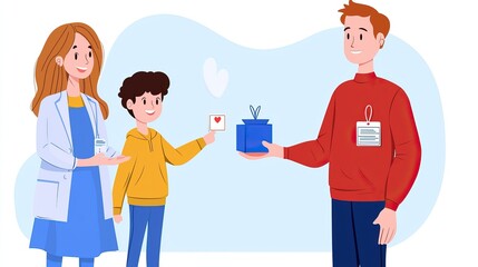 Fototapeta premium A child hands a card to a woman in a lab coat, while a man presents a gift, creating a scene of kindness and sharing.