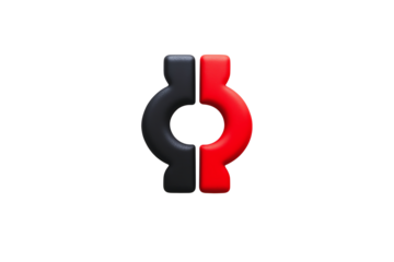 A stylized emblem featuring a combination of black and red shapes, forming a central opening.