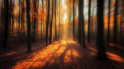 Obraz premium Autumn forest path with leaf covered ground and golden bokeh sunlight