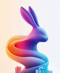 Stylized rabbit silhouette with vibrant colors amidst gift boxes.