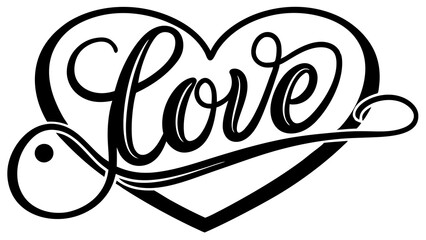 Minimalist Black and White Heart Illustration with Cursive Love Text for Valentine's Day