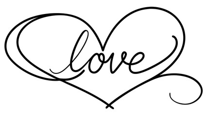 Minimalist Black and White Heart Illustration with Cursive Love Text for Valentine's Day
