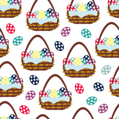 Seamless pattern Easter basket with colorful eggs on white background - vector illustration for packaging and fabric design