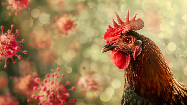 Bird flu virus outbreak, Avian influenza, infectious disease spreading to mammals and humans, sick chicken