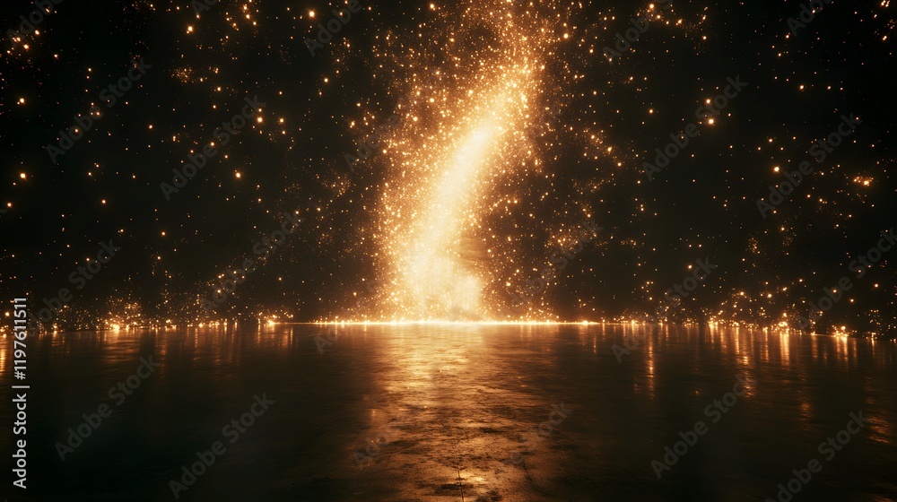Poster dreamlike cosmic landscape featuring golden sparkles reflecting on a tranquil water surface, creatin