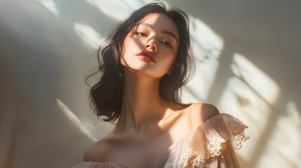 Woman with dark hair wearing a sheer blouse in sunlight