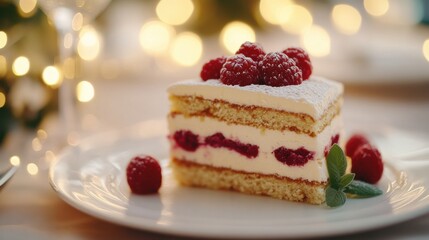 Dessert plate with blurred bokeh and twinkling lights