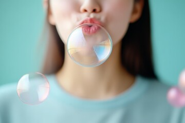 Girl blowing soap bubbles in a colorful and playful setting with a light blue background