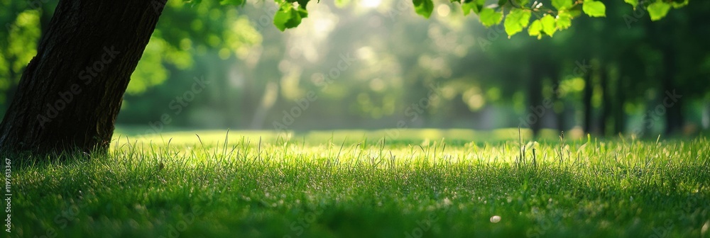Fototapete Sunlight filtering through trees in a serene green park with ample space for text placement. Generative AI
