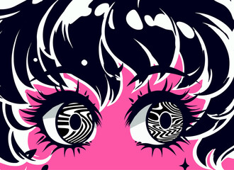 Bold fashionable graphic vector illustration of a pair of anime eyes of a female character for t-shirt printing.