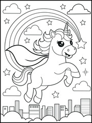 Superhero Unicorn Coloring Page for Kids. A Fun and Printable Black and White Activity Sheet for Kindergarten.
