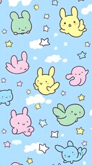 Adorable Cartoon Bunnies Flying Amongst Stars And Clouds